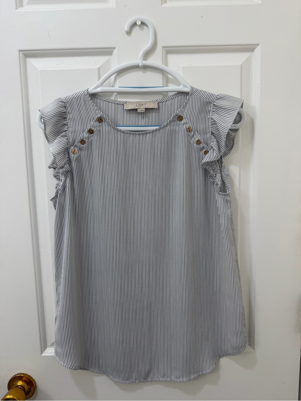 LOFT White and Navy Pinstripe Flutter Sleeve Top with Gold Buttons